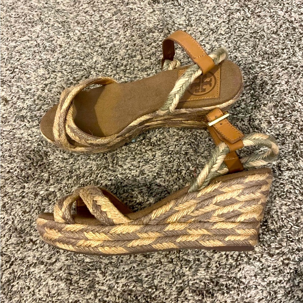 Tory Burch Tan and Cream Braided Wedges